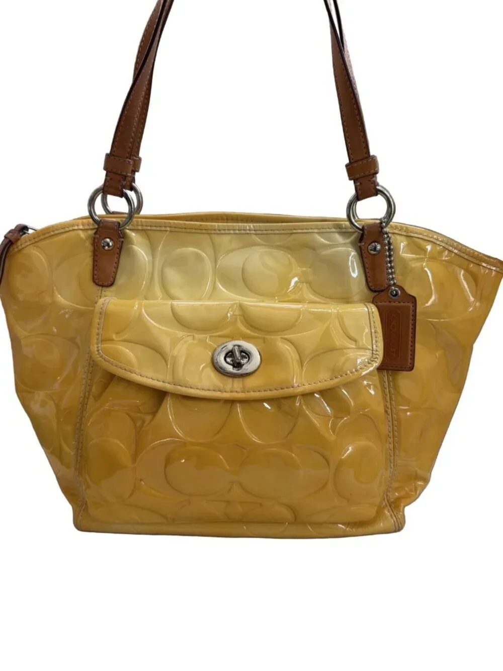 Coach Yellow Brown Leather Shoulder Bag Medium Patent Embossed Logo